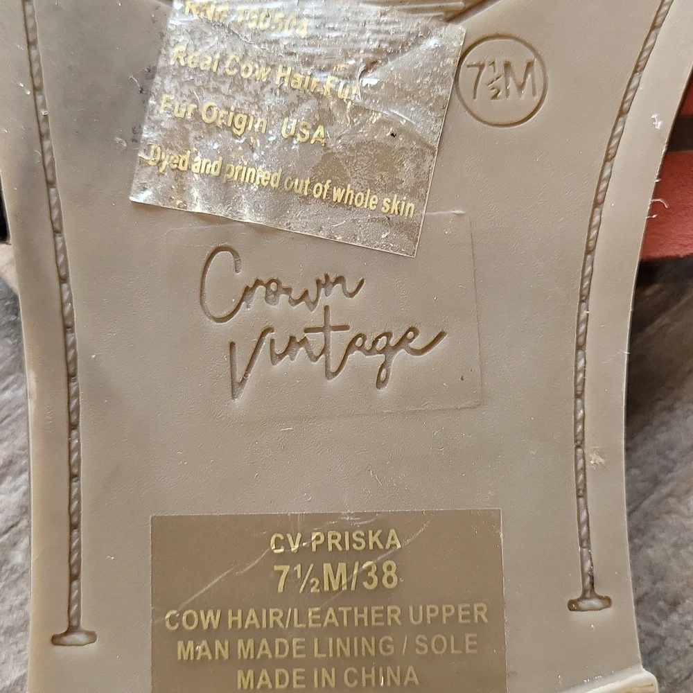 Crown Vintage Animal Print Cow Hair and Coral Leather Sandal Slides, 7.5 - Picture 10 of 11